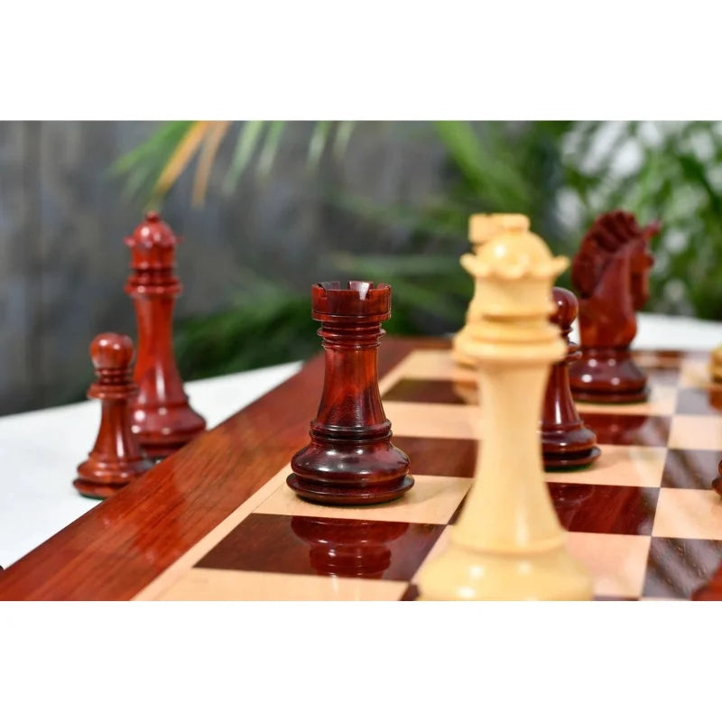 Chess Bazaar Pegasus Series Chess Set V2 (Padauk Wood/Boxwood) With 58cm Red Ash Burl & Maple Chess Board