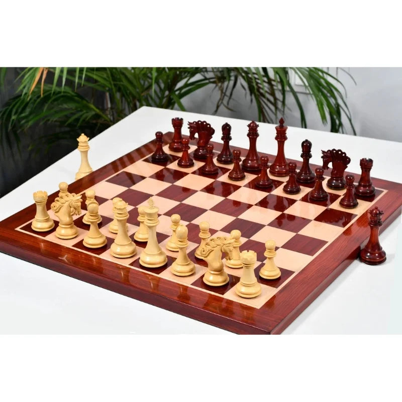 Chess Bazaar Pegasus Series Chess Set V2 (Padauk Wood/Boxwood) With 58cm Red Ash Burl & Maple Chess Board