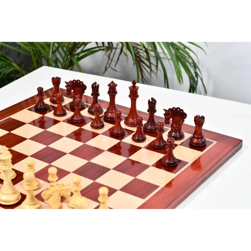 Chess Bazaar Pegasus Series Chess Set V2 (Padauk Wood/Boxwood) With 58cm Red Ash Burl & Maple Chess Board