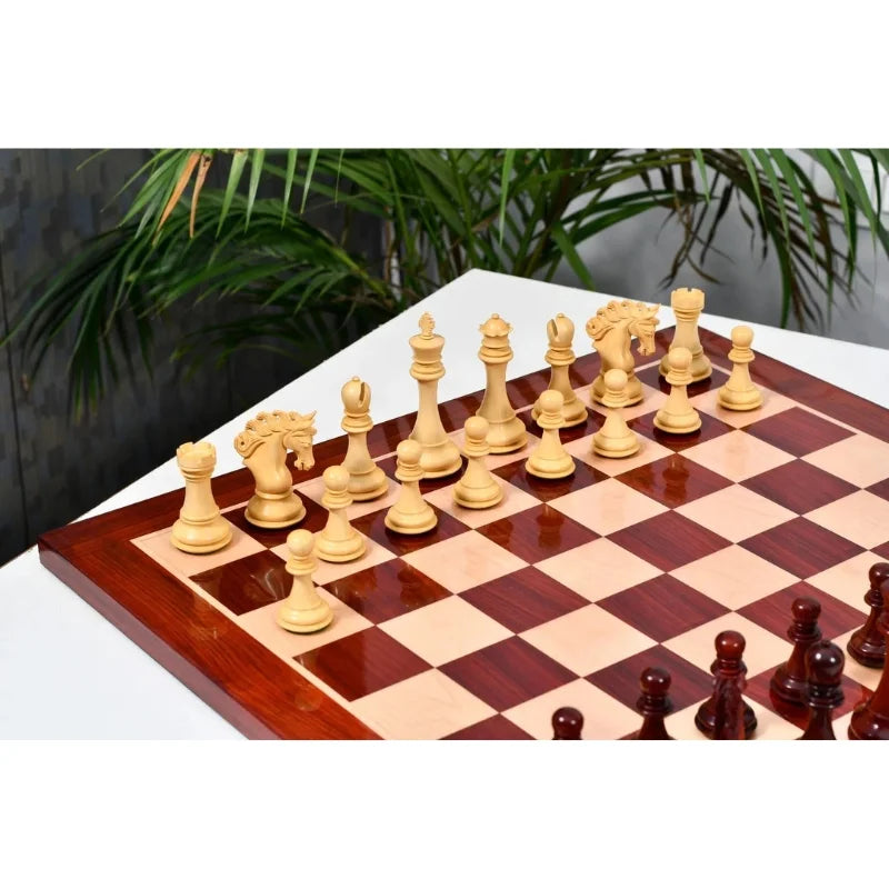 Chess Bazaar Pegasus Series Chess Set V2 (Padauk Wood/Boxwood) With 58cm Red Ash Burl & Maple Chess Board