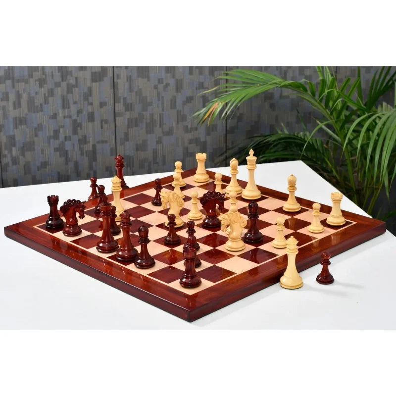 Chess Bazaar Pegasus Series Chess Set V2 (Padauk Wood/Boxwood) With 58cm Red Ash Burl & Maple Chess Board