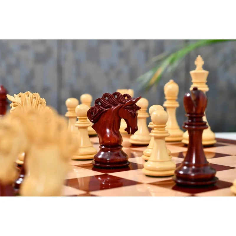 Chess Bazaar Pegasus Series Chess Set V2 (Padauk Wood/Boxwood) With 58cm Red Ash Burl & Maple Chess Board