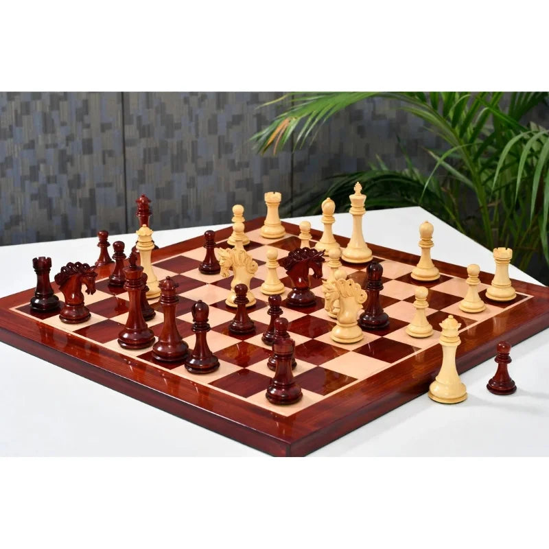 Chess Bazaar Pegasus Series Chess Set V2 (Padauk Wood/Boxwood) With 58cm Red Ash Burl & Maple Chess Board