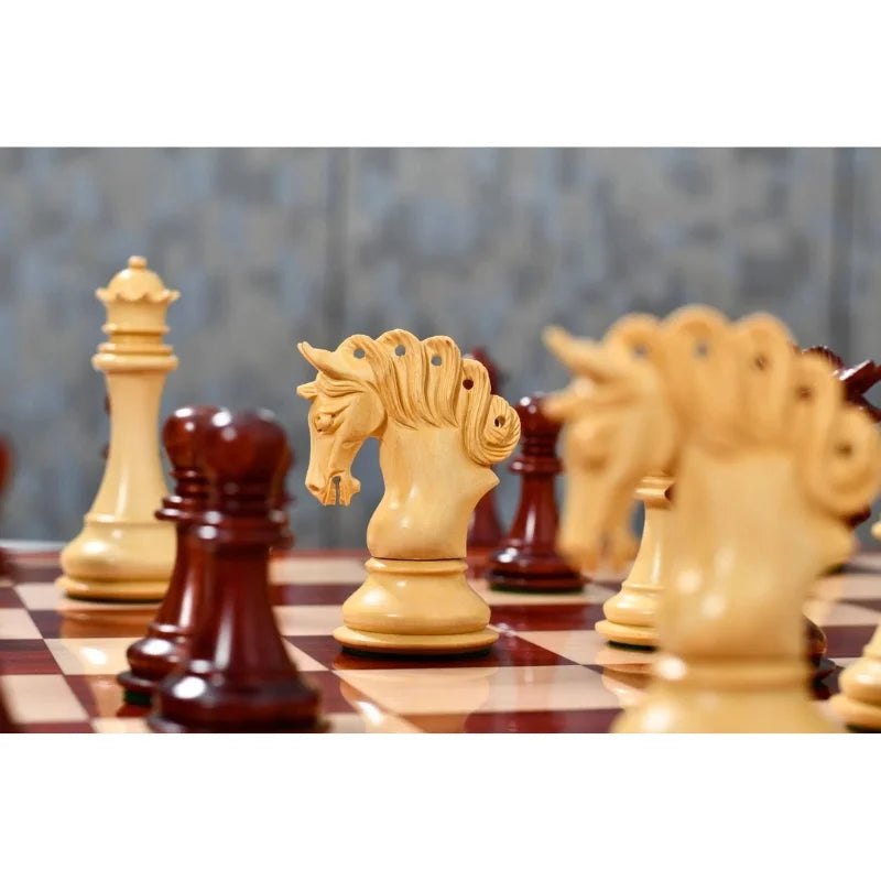 Chess Bazaar Pegasus Series Chess Set V2 (Padauk Wood/Boxwood) With 58cm Red Ash Burl & Maple Chess Board