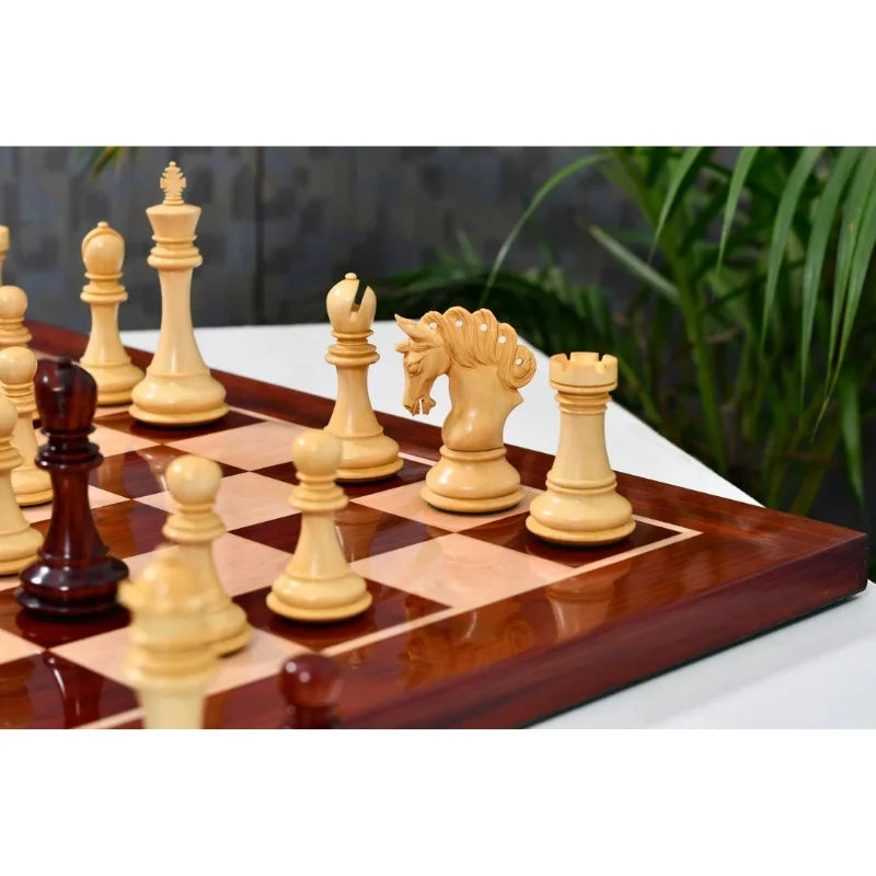 Chess Bazaar Pegasus Series Chess Set V2 (Padauk Wood/Boxwood) With 58cm Red Ash Burl & Maple Chess Board