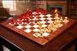 Knight carving detail on the 1930 Knubbel Analysis chess pieces in stained crimson and natural boxwood
