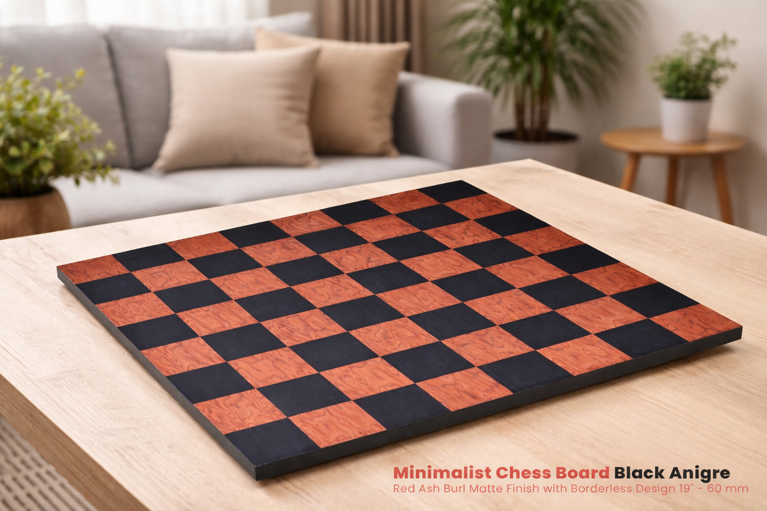 Minimalist borderless black anigre and red ash burl chess board, 48cm