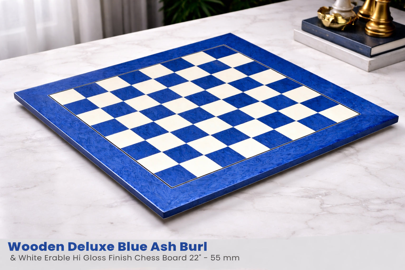 Blue ash burl and white erable chess board, 55cm with 55mm squares