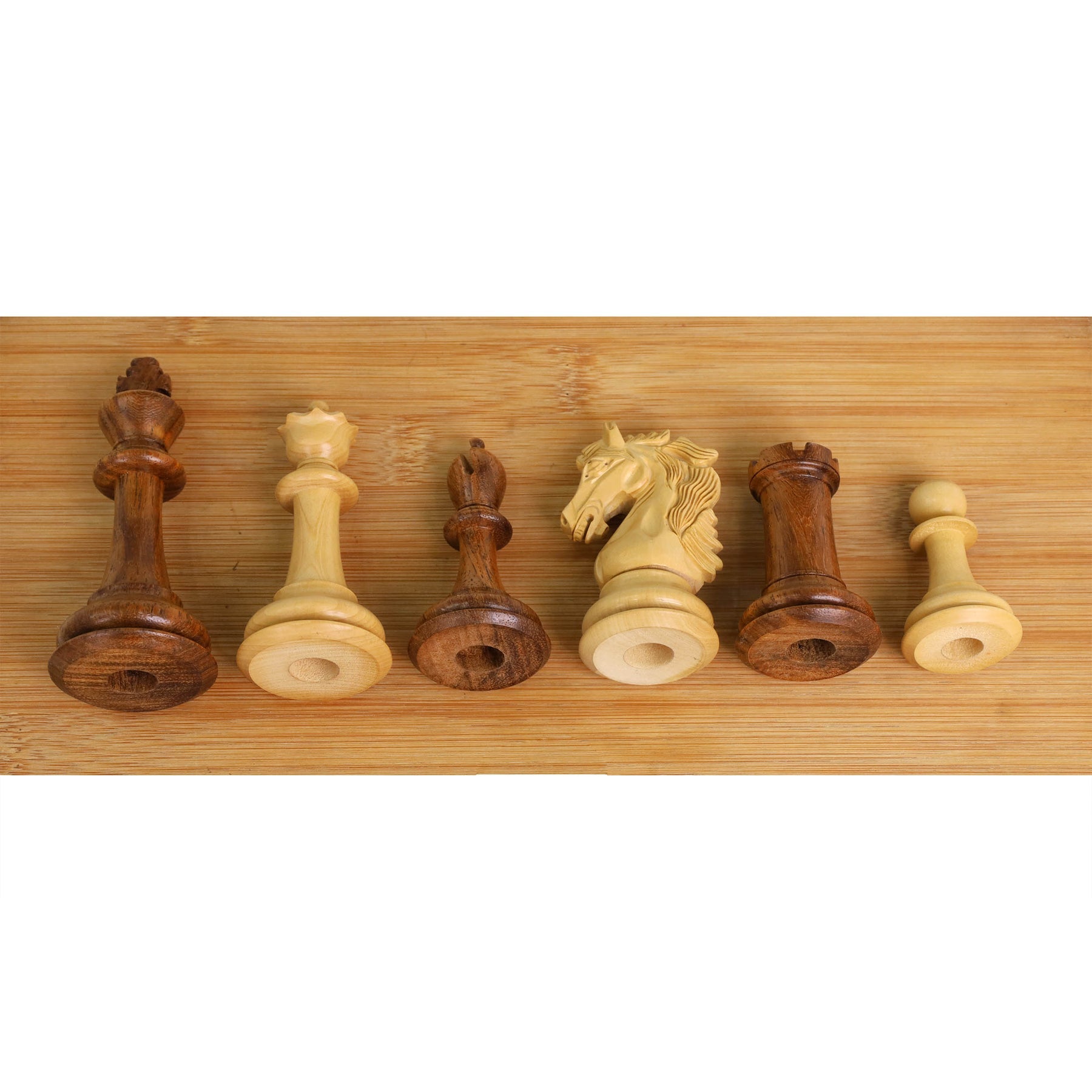 Golden rosewood and boxwood Staunton chess pieces with a hand carved knight