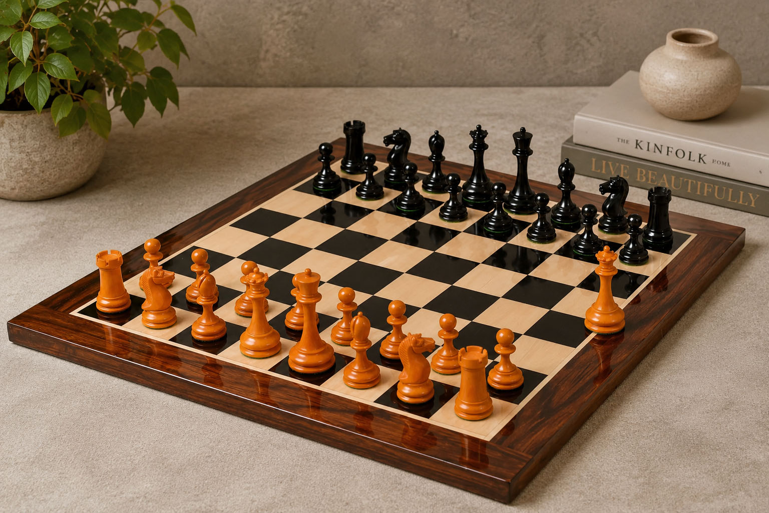 Sterling Chess B and Co 1860s Antique chess set in genuine ebony and antiqued boxwood, 100mm king, 58cm Ebony & Maple