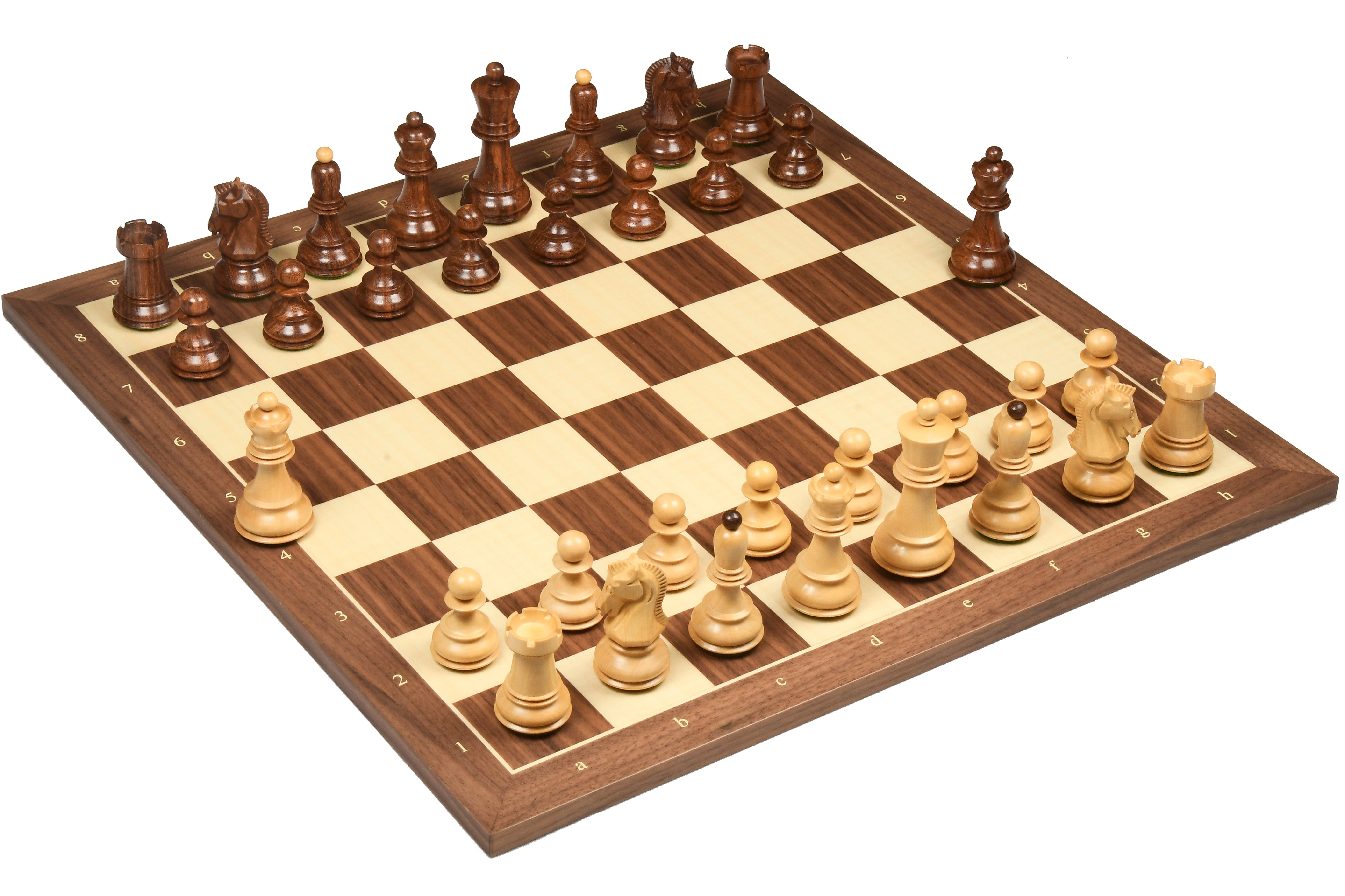 Sheesham rosewood Dubrovnik chessmen showing open grain, 34 piece Fischer pattern