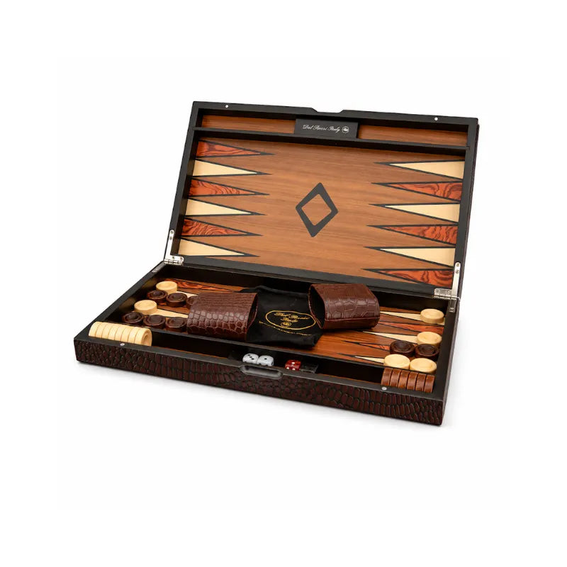 Dal Rossi Crocodile Engraved Dark Tan 45cm Backgammon Set