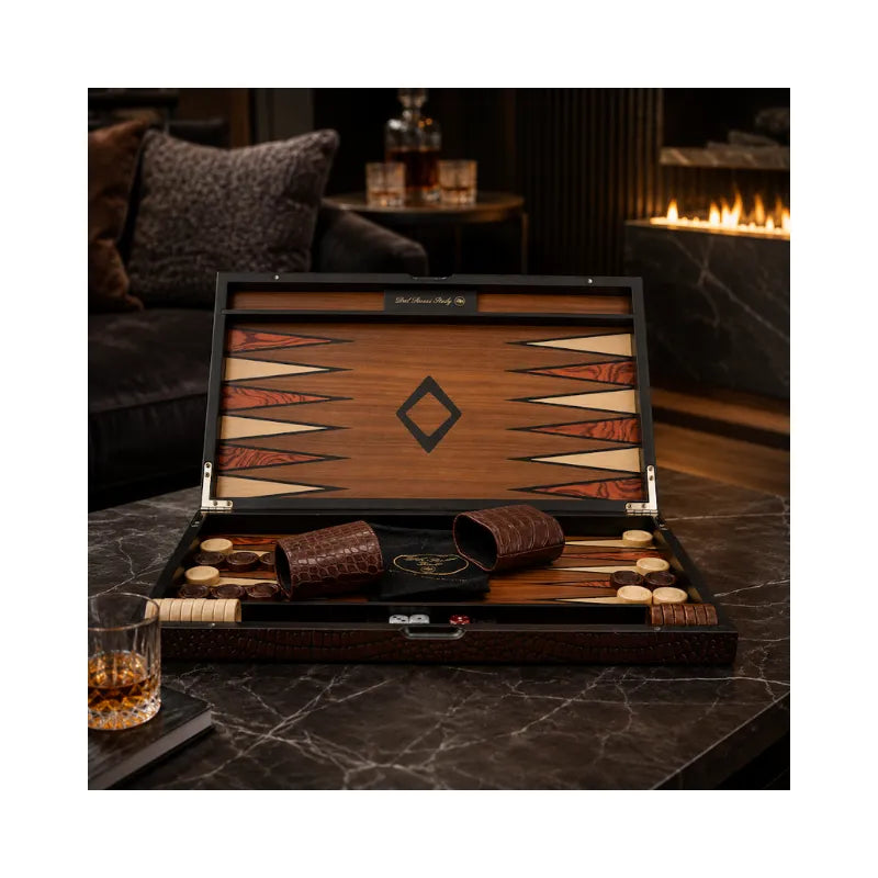 Dal Rossi Crocodile Engraved Dark Tan 45cm Backgammon Set