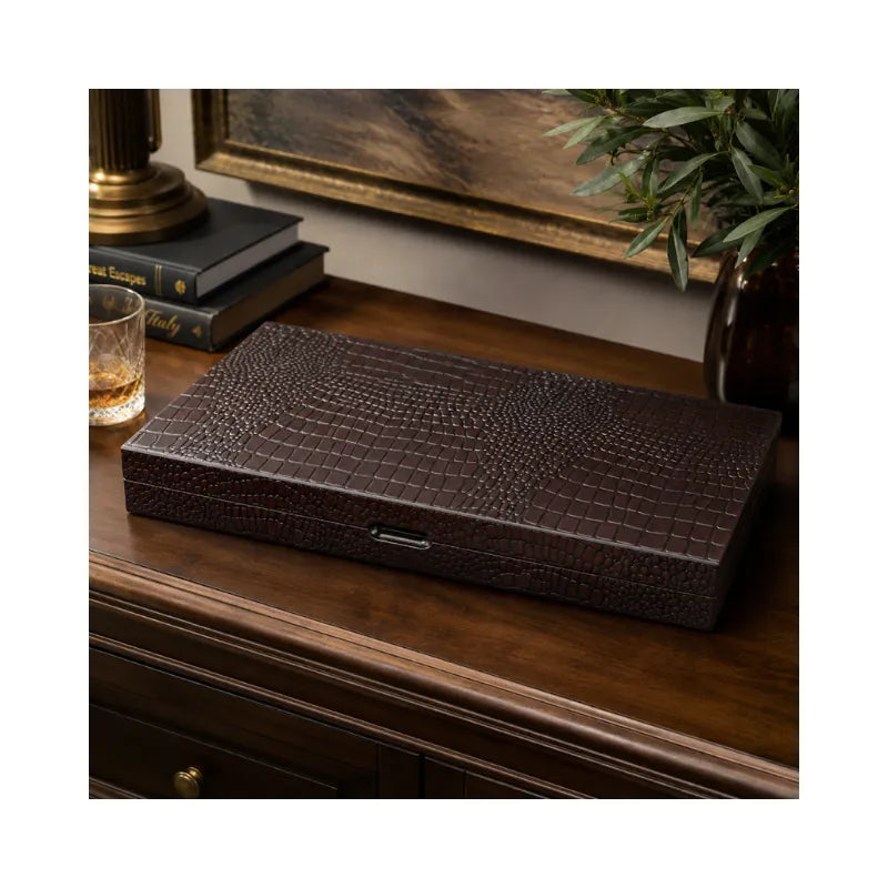 Dal Rossi Crocodile Engraved Dark Tan 45cm Backgammon Set