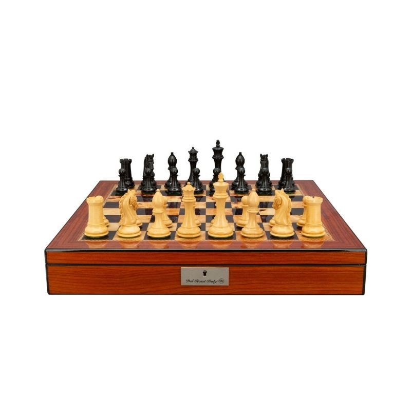 Dal Rossi Ebony Finish Boxwood Double Weighted Chess Pieces On 50cm Walnut Finish Chess Board With Compartments
