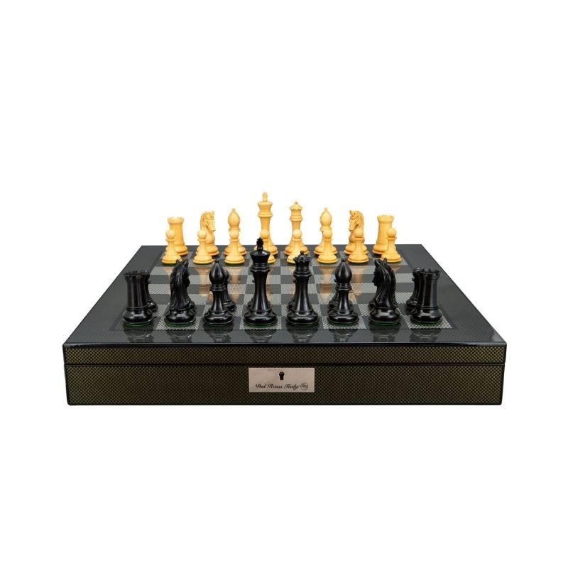 Dal Rossi Ebony Finish Boxwood Double Weighted Chess Pieces On 50cm Carbon Fibre Finish Chess Board With Compartments