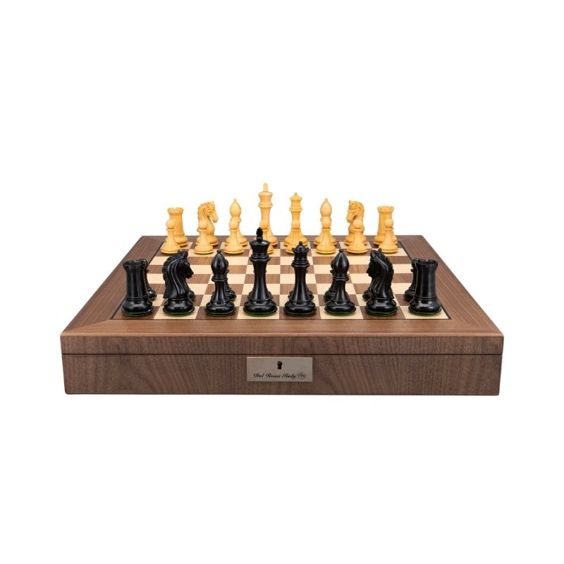 Dal Rossi Ebony Finish Boxwood Double Weighted Chess Pieces On 50cm Walnut Inlaid Chess Board With Compartments