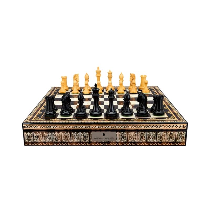 Dal Rossi Ebony Finish Boxwood Double Weighted Chess Pieces On 50cm Mosaic Finish Chess Board With Compartments