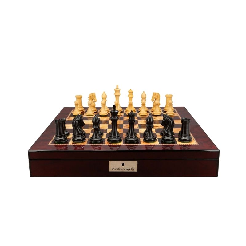 Dal Rossi Ebony Finish Boxwood Double Weighted Chess Pieces On 50cm Mahogany Finish Chess Board With Compartments