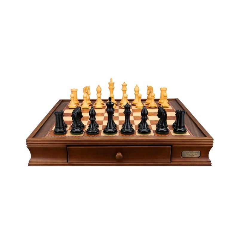 Dal Rossi Ebony Finish Boxwood Double Weighted Chess Pieces On 50cm Walnut Inlaid Chess Board With Compartments