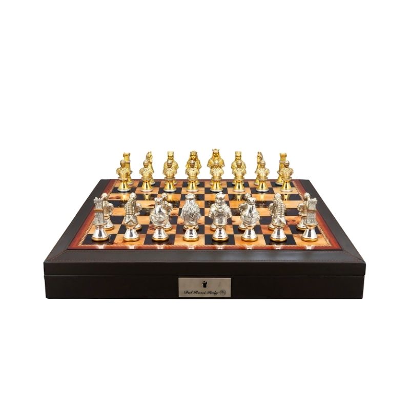 Dal Rossi Medieval Warriors Metal Chess Pieces On 48cm Brown PU Leather Bevelled Edge Chess Board With Compartments