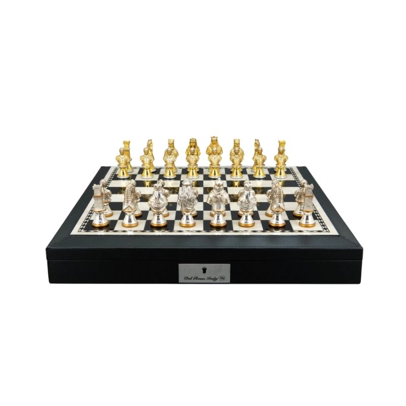 Dal Rossi Medieval Warriors Metal Chess Pieces On 48cm Black PU Leather Bevelled Edge Chess Board With Compartments