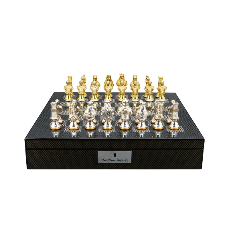 Dal Rossi Medieval Warriors Metal Chess Pieces On 40cm Carbon Fibre Chess Board With Compartments