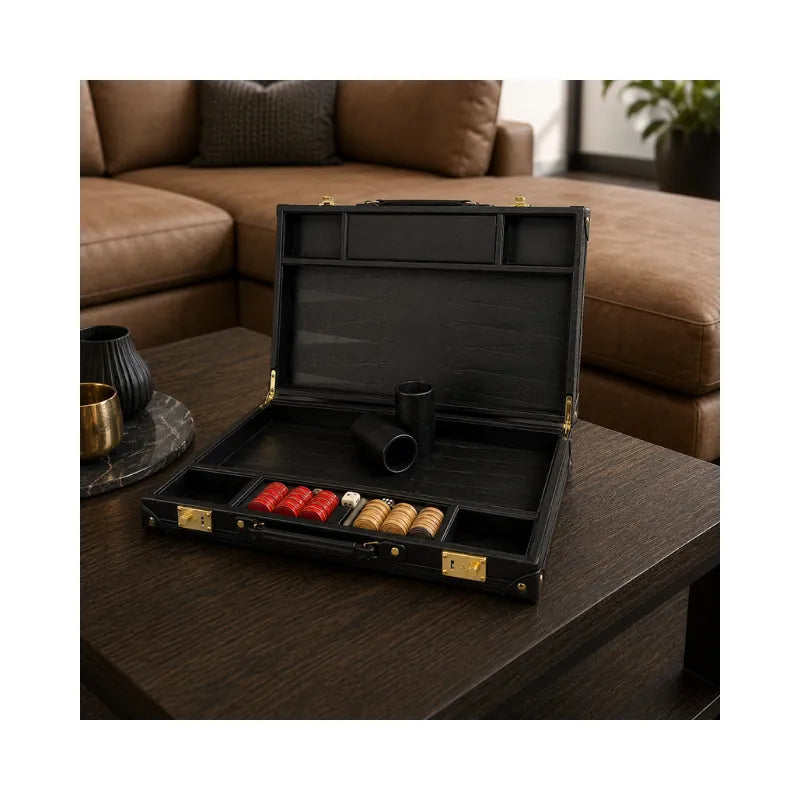 Dal Rossi Obsidian Black PU Leather 38cm Backgammon Set