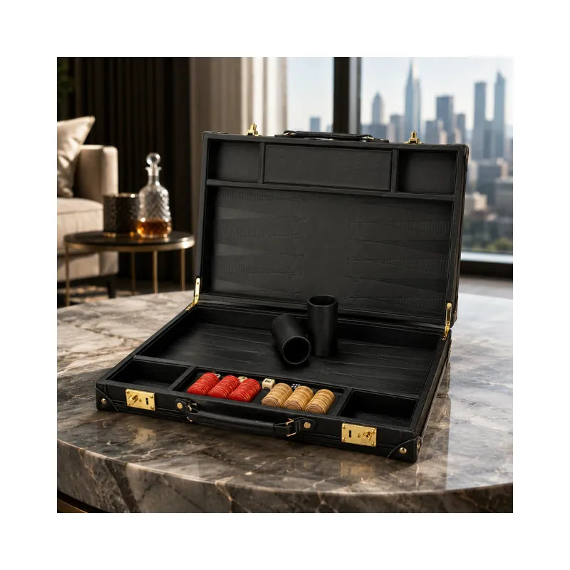 Dal Rossi Obsidian Black PU Leather 38cm Backgammon Set