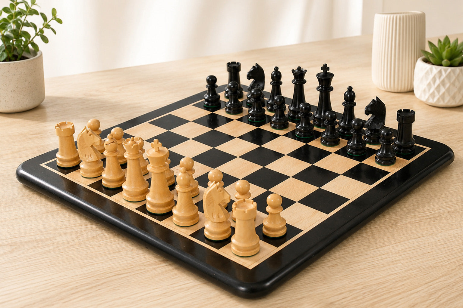 Sterling Chess Championship Staunton chess set in ebonised and natural boxwood, 95mm king