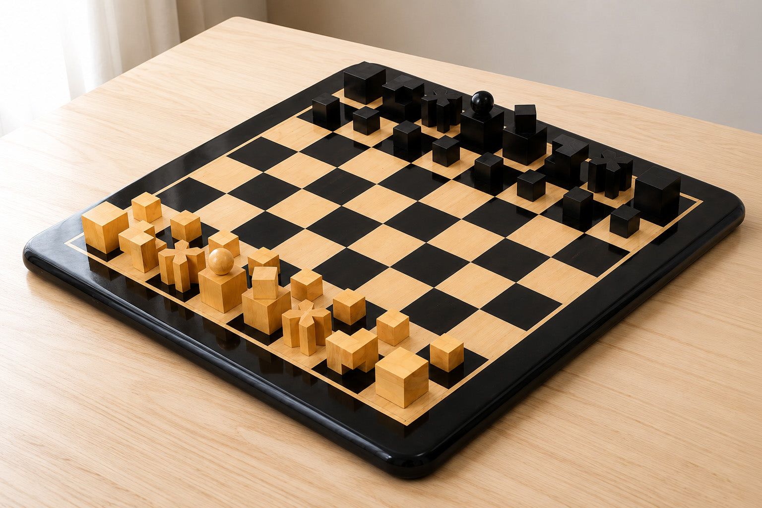 Sterling Chess 1924 Bauhaus Geometrical chess set in ebonised and natural boxwood, 49mm king