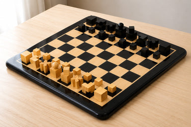 Sterling Chess 1924 Bauhaus Geometrical chess set in ebonised and natural boxwood, 49mm king