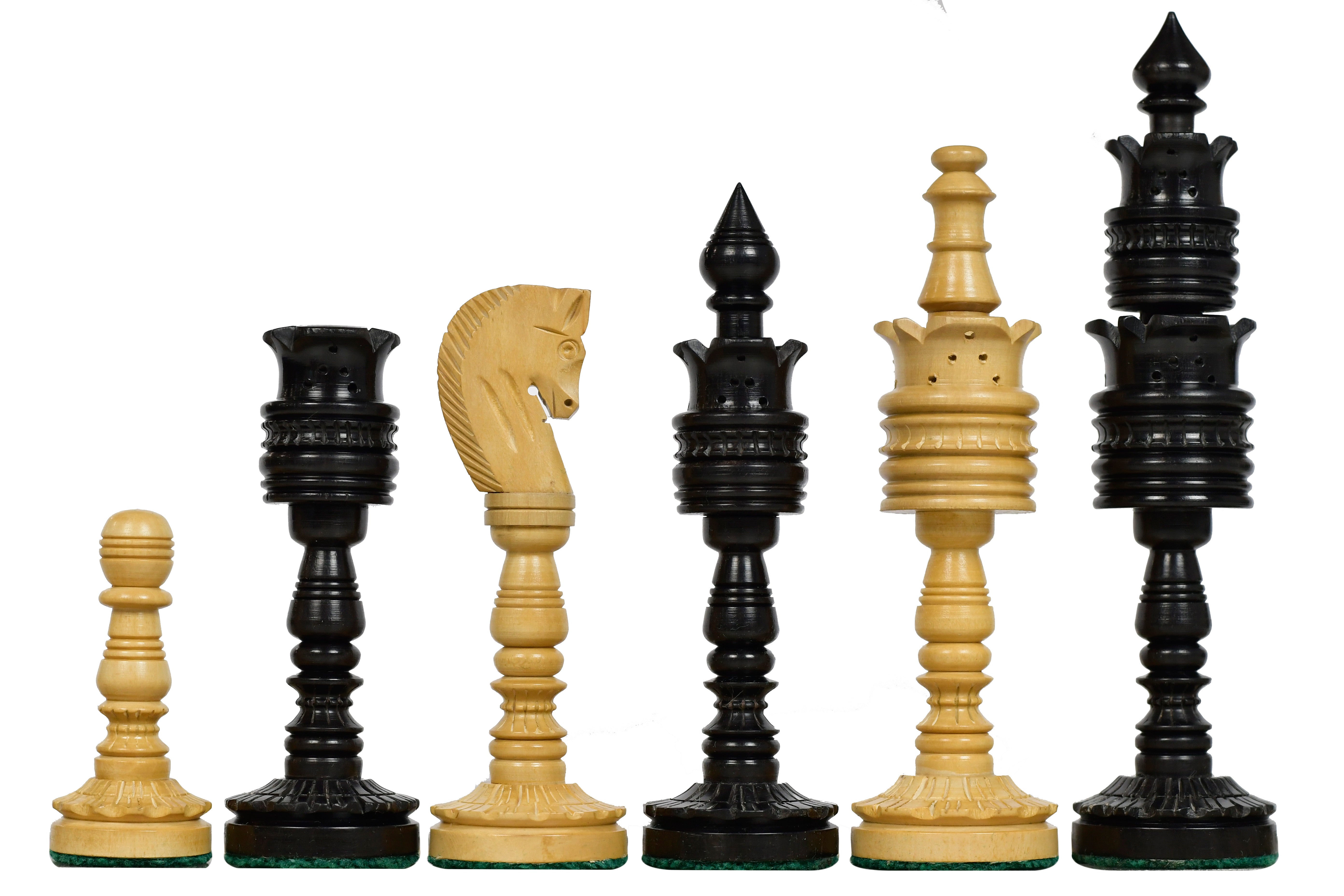 Lotus Series pipe shaped ebony and boxwood chess pieces with a 156mm king