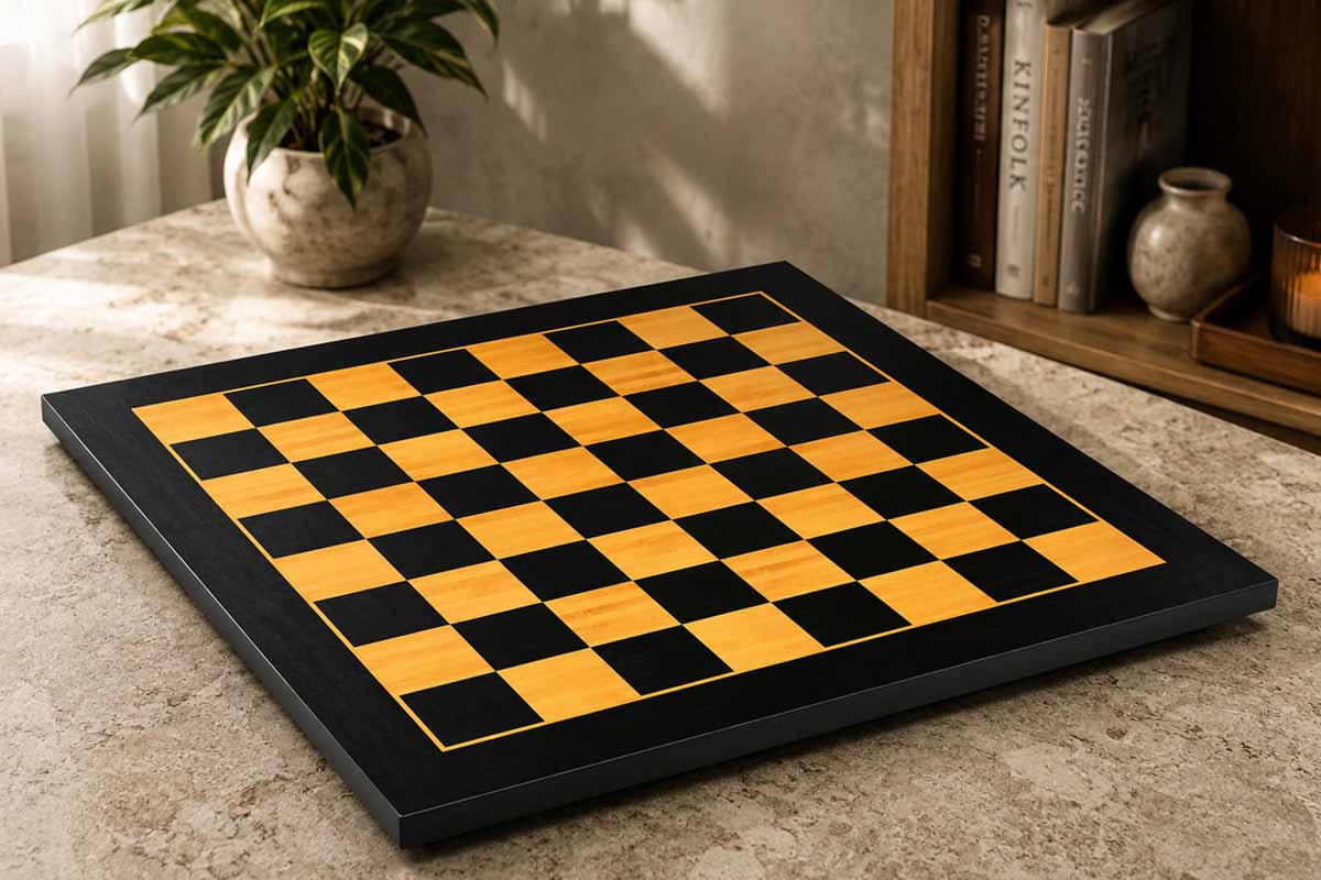 Midnight black and gold tournament chess board, 53cm with 57mm squares
