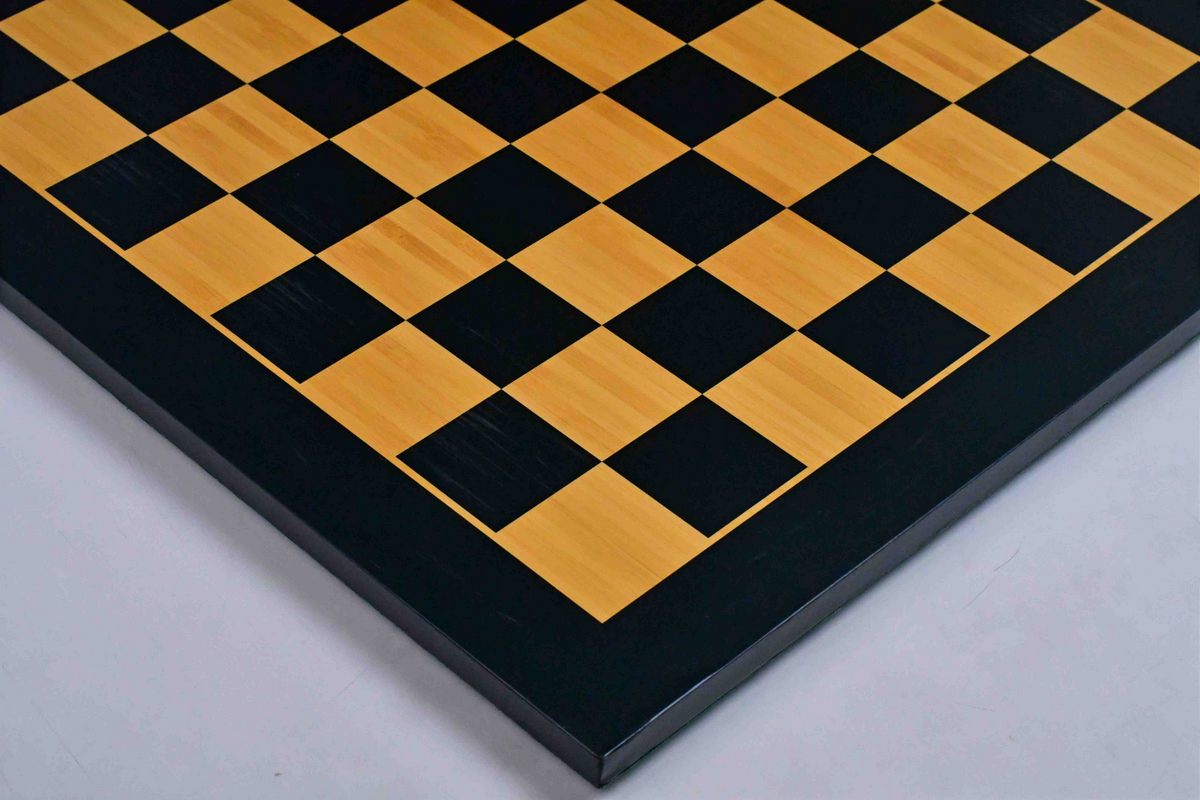 Midnight black and gold MDF tournament chess board, green velvet underside