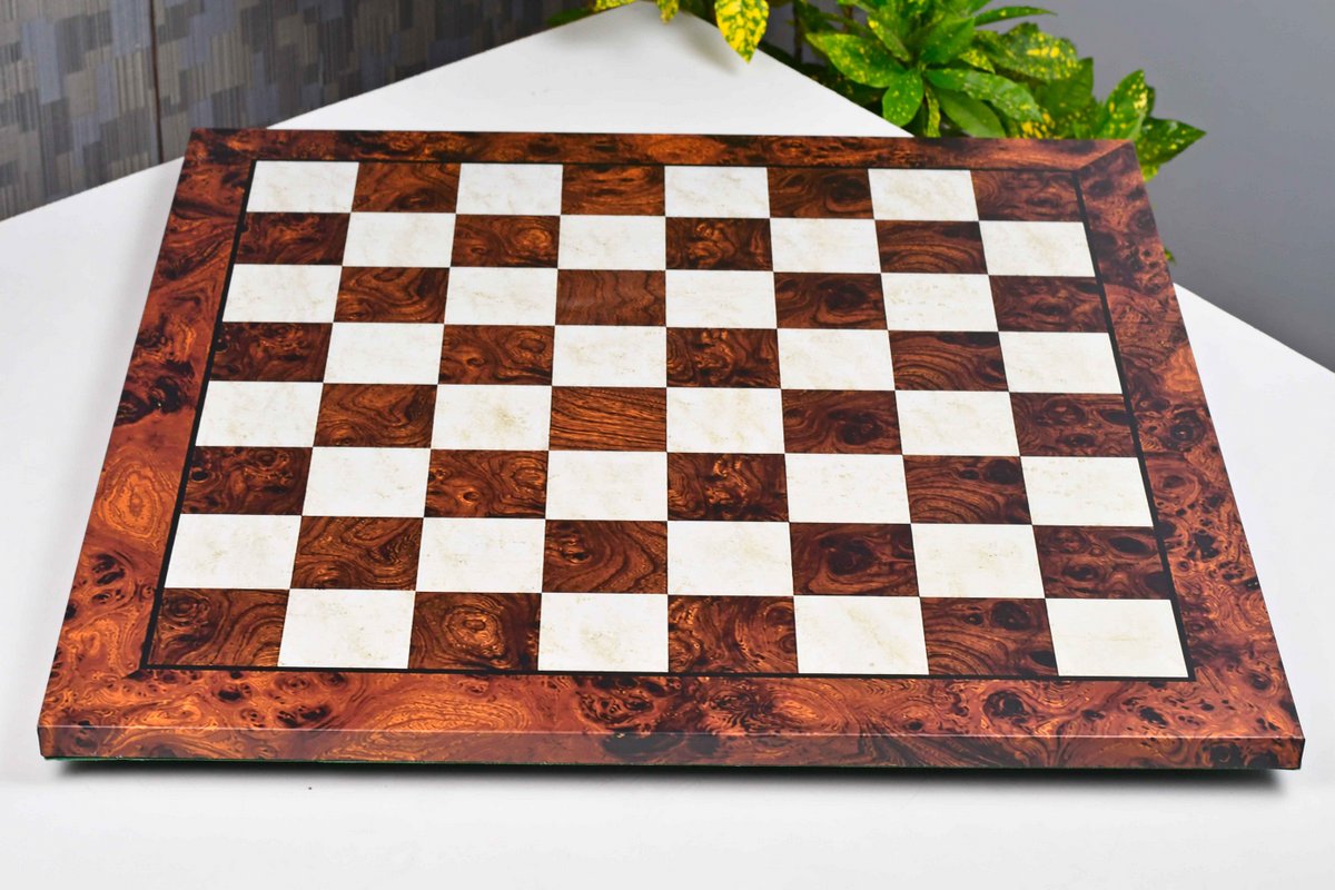 Reddish brown burl grain chess board showing its 19mm thickness