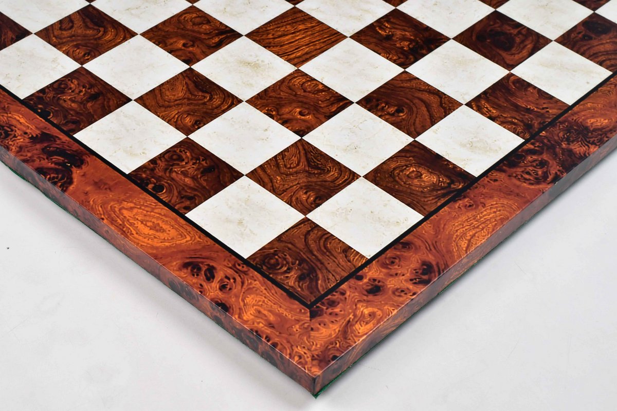 Reddish brown burl grain MDF tournament chess board, green velvet underside