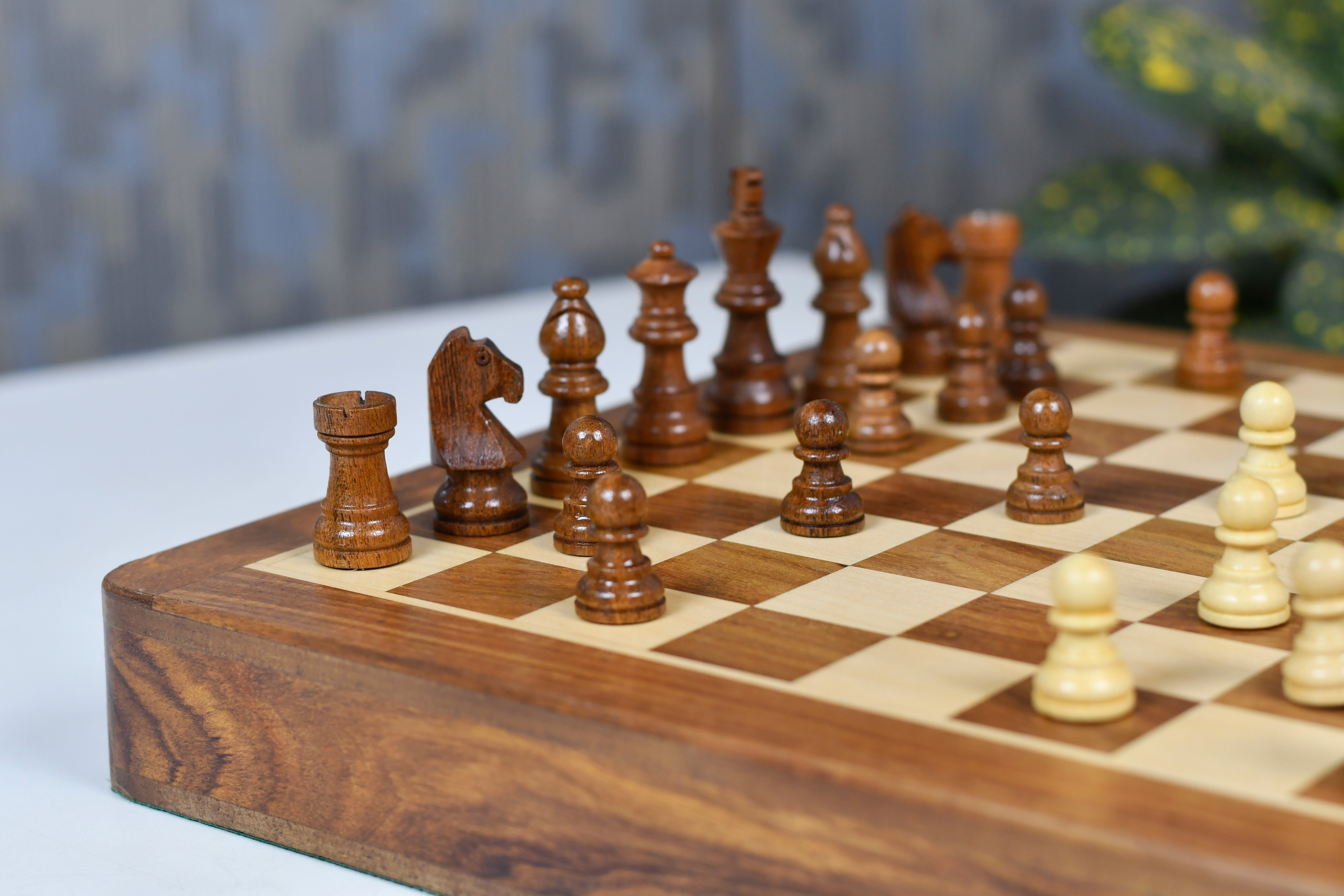 Full 12 Inch Magnetic Travel chess set with its 30cm sheesham and maple travel board, from Sterling Chess