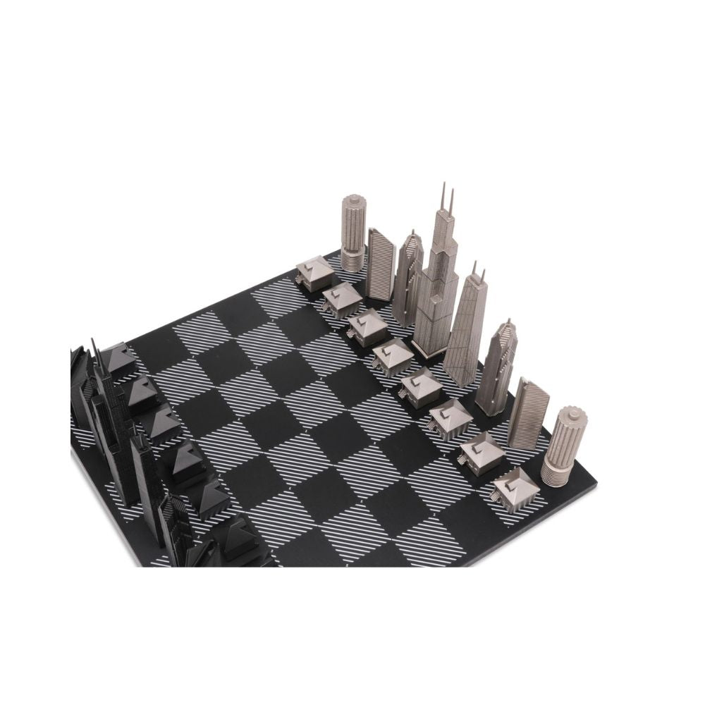 Skyline Chess Stainless Steel Chicago Edition - Black and White Wood 2