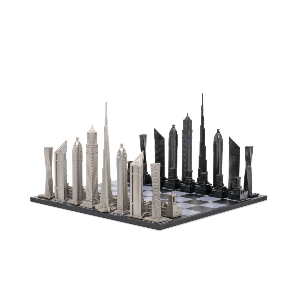 Skyline Chess Stainless Steel Dubai Edition - Black & White Wood 1