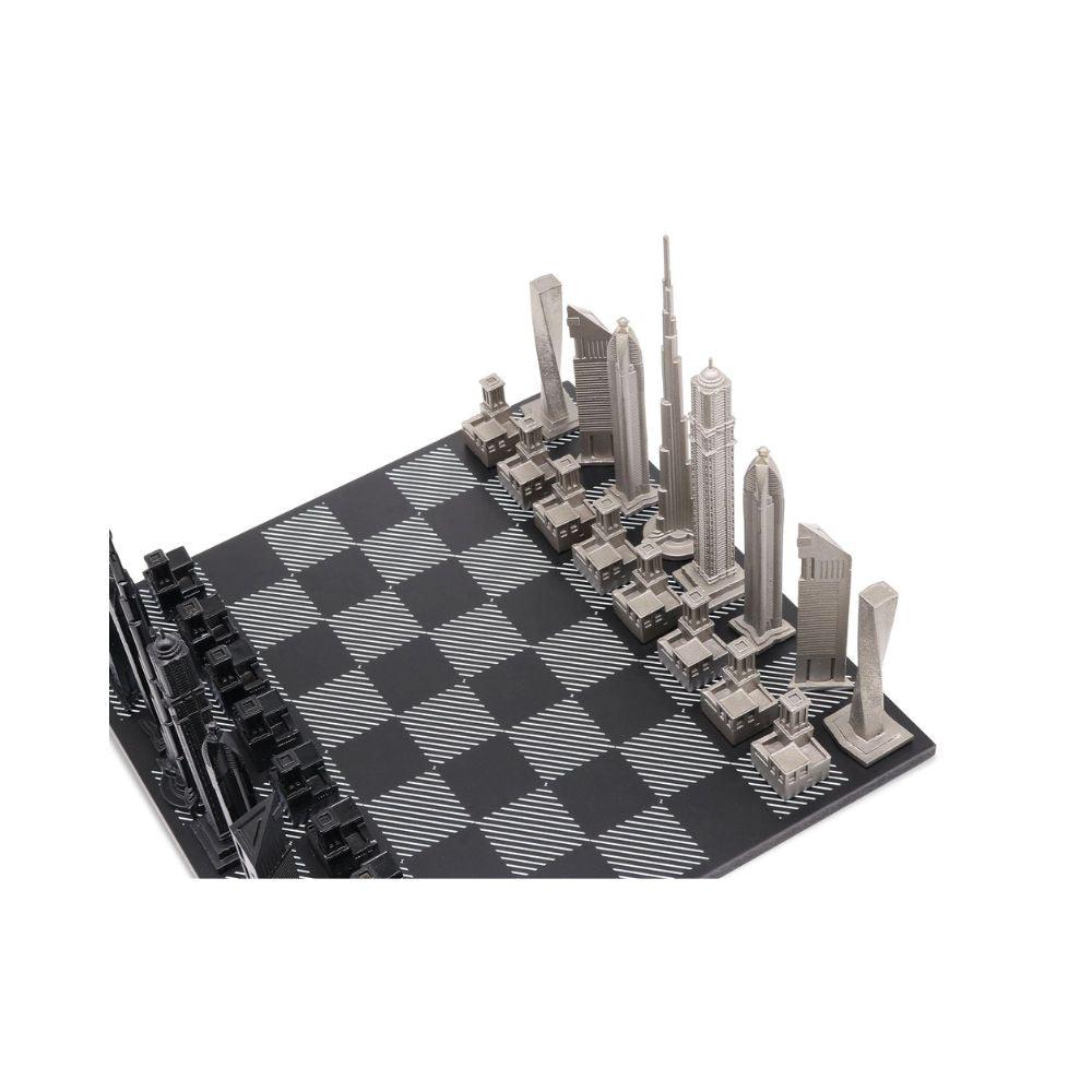 Skyline Chess Stainless Steel Dubai Edition - Black & White Wood 2