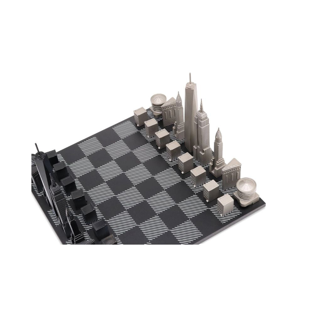 Skyline Chess Stainless Steel New York Edition - Blank and White Wood 2