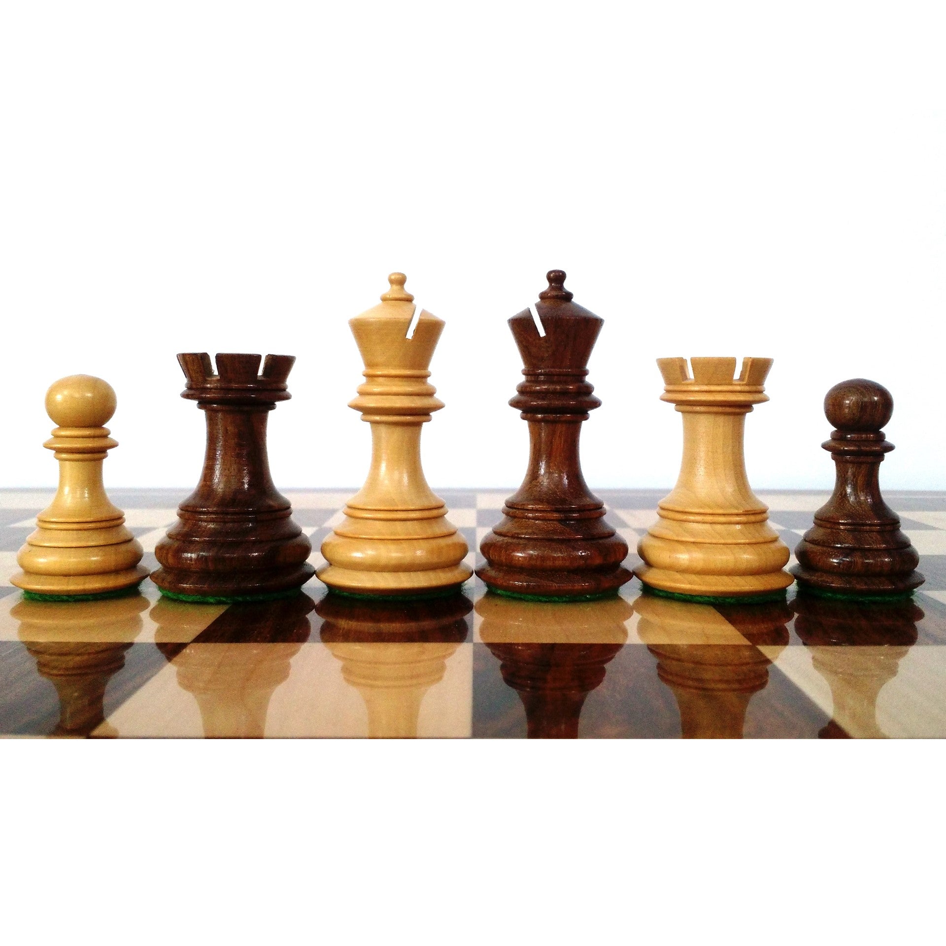 Weighted Old Columbian chessmen in golden rosewood and boxwood
