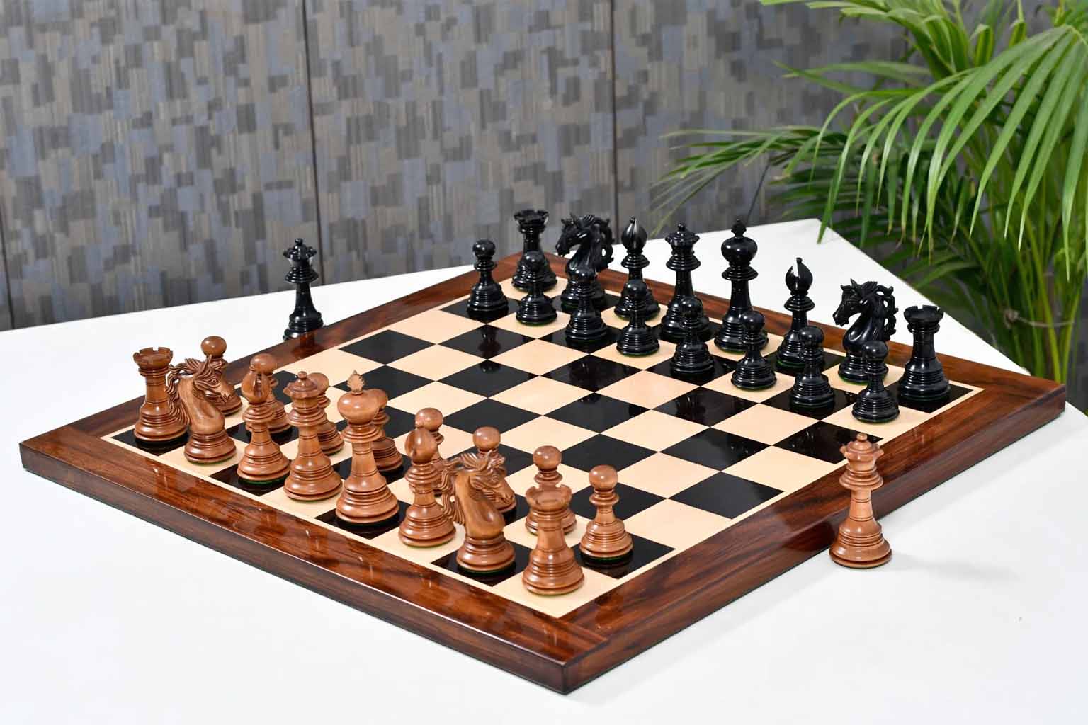 Knight carving detail on the American Adios chess pieces in ebony and distressed boxwood