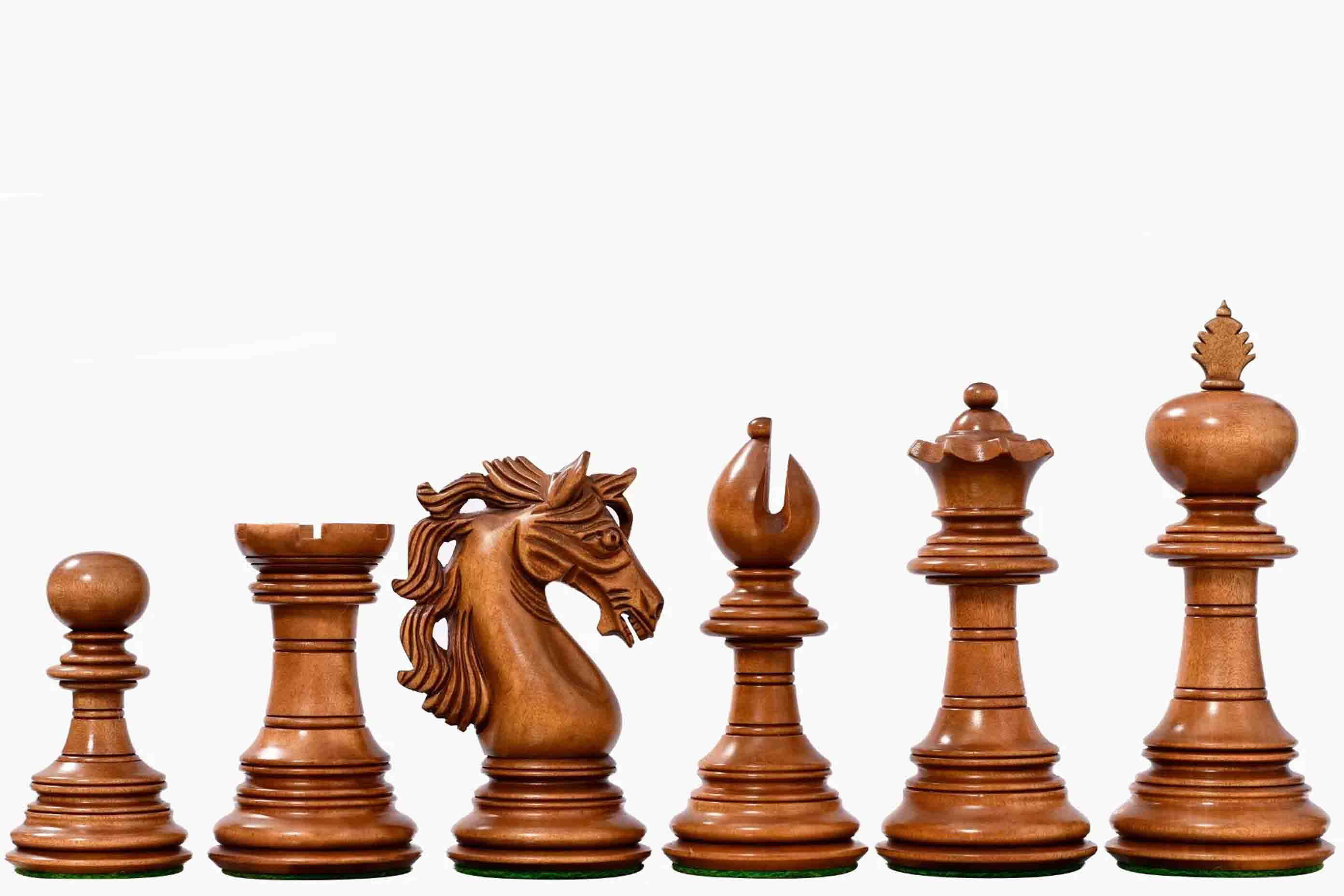 American Adios chess pieces, ebony and distressed boxwood, hand carved in India