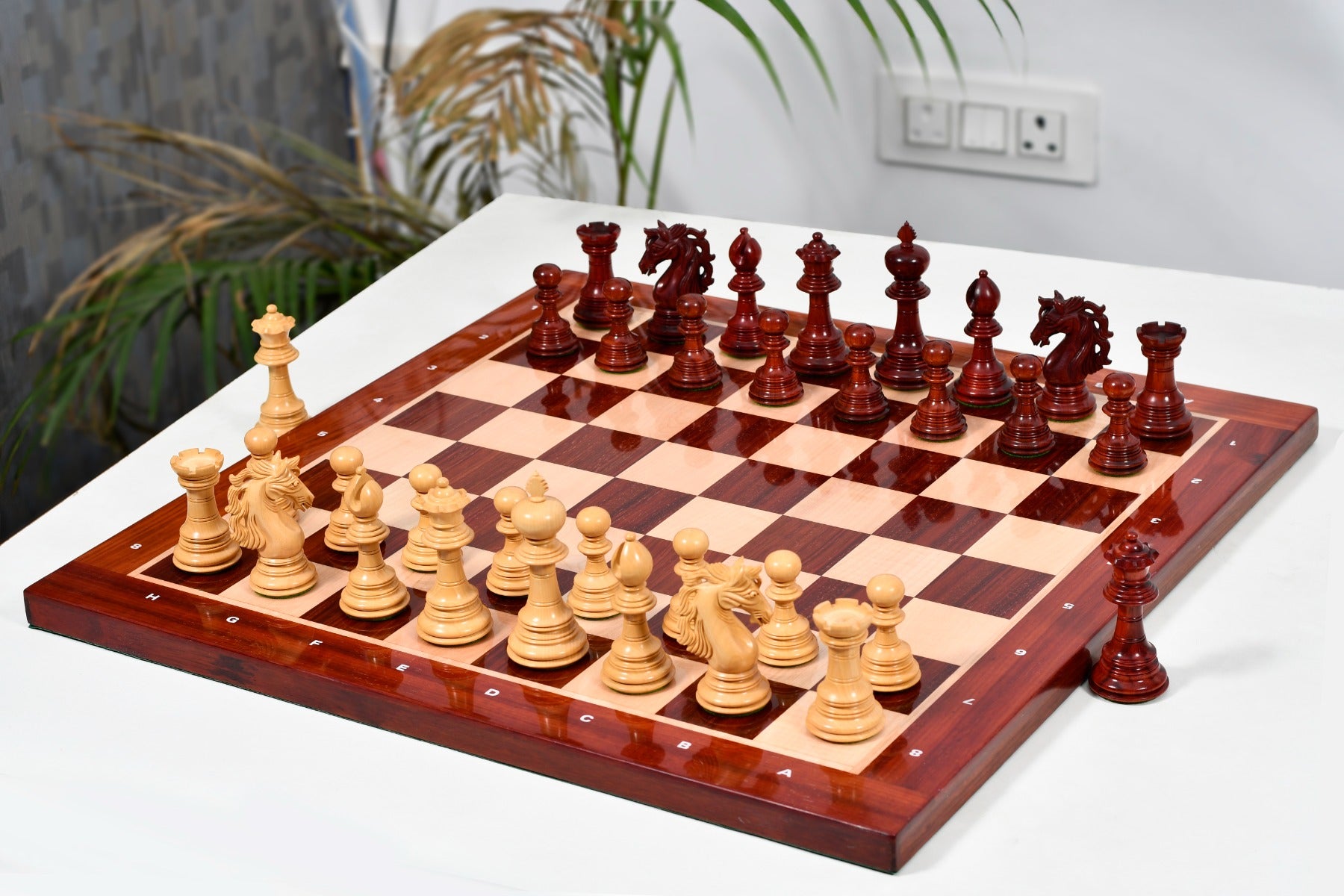 Knight carving detail on the bud rosewood American Adios chess pieces