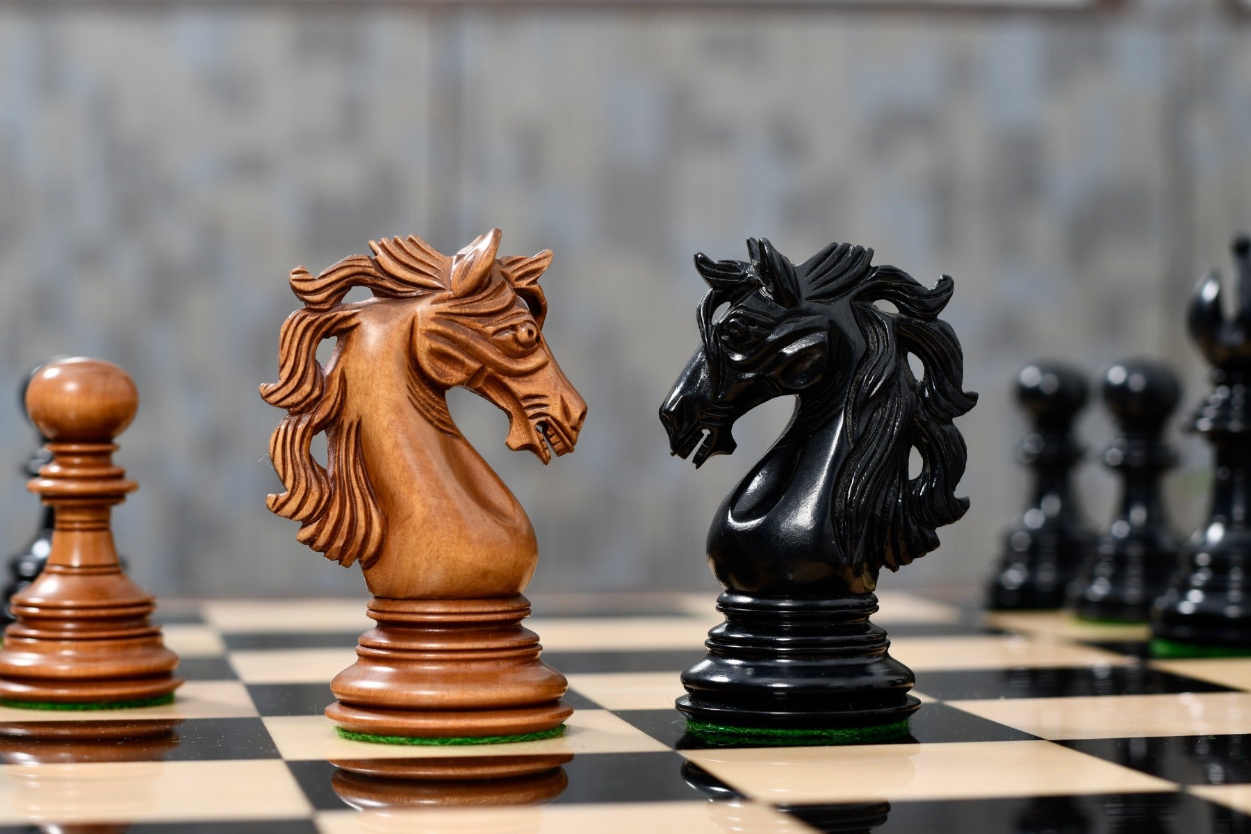 Full 34 piece American Adios chess set in ebony and distressed boxwood, Sterling Chess Australia