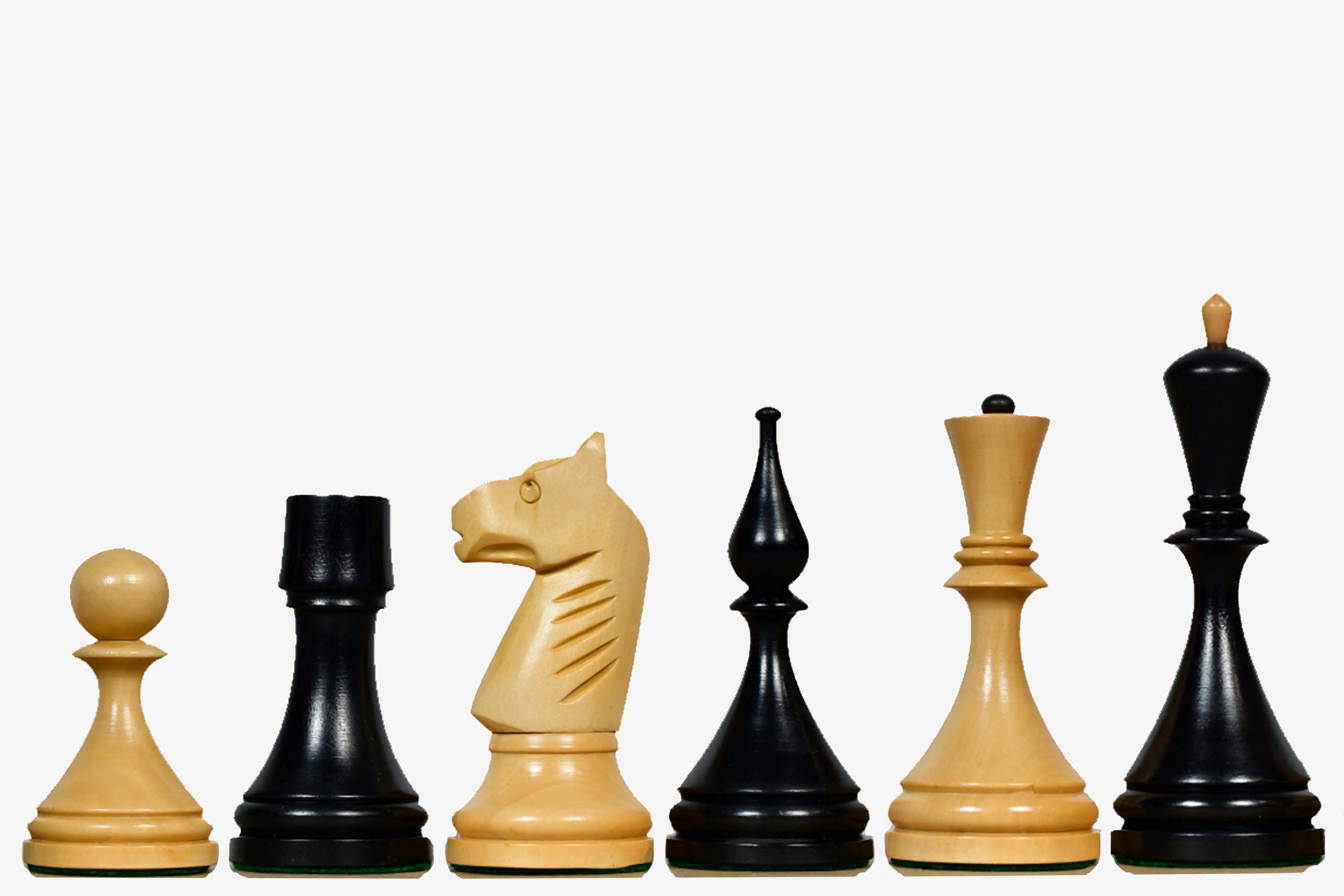 1961 Soviet Baku chess pieces in ebonised and natural boxwood, 103mm king