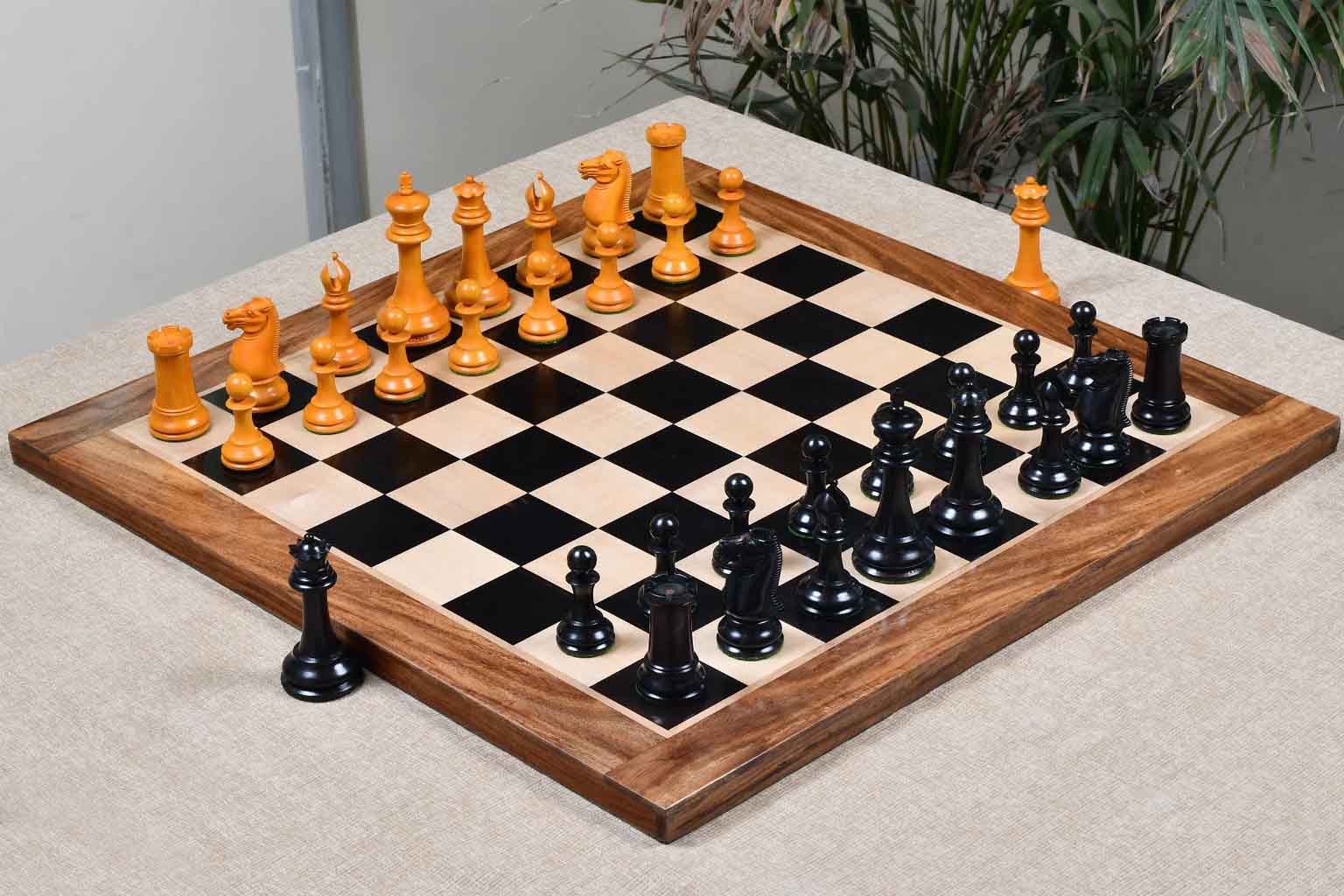 Antiqued boxwood Staunton chess pieces with 48mm king base, reproduction 1860 Anderssen