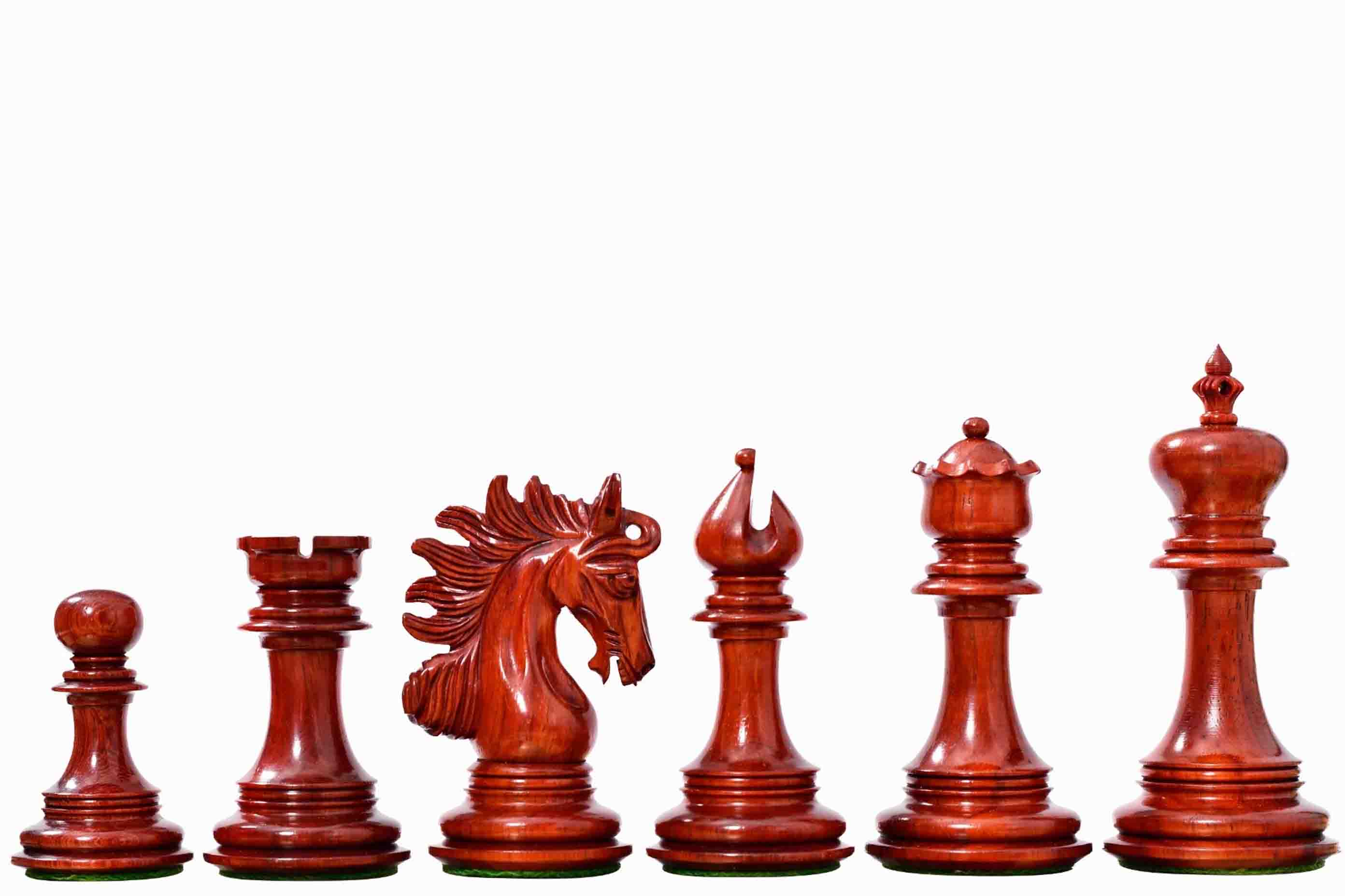 Arabian Knight Artisan Staunton chess pieces, bud rosewood and boxwood, hand carved in India